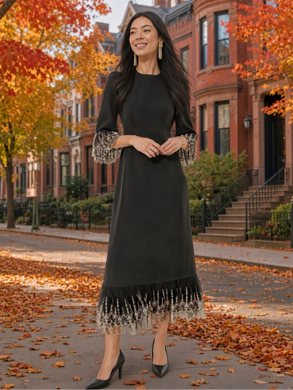 Pomander Place Lilith Elegant Black Maxi  Dress with Lace Trim NWT